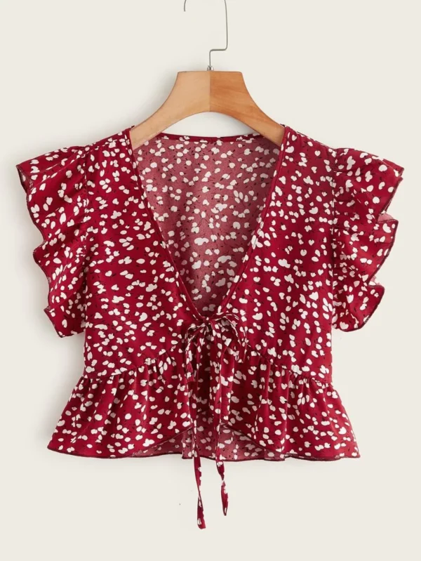 Top bajo fruncido con cord?n delantero floral de margarita