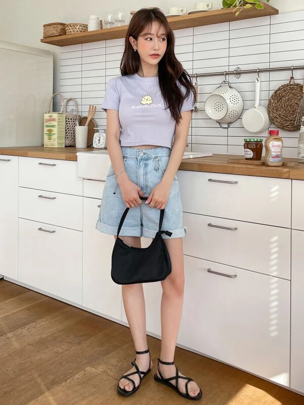 Camiseta corta con estampado de letra y dibujos animados - Imagen 3