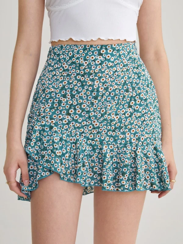 Falda floral asim?trico bajo con fruncido