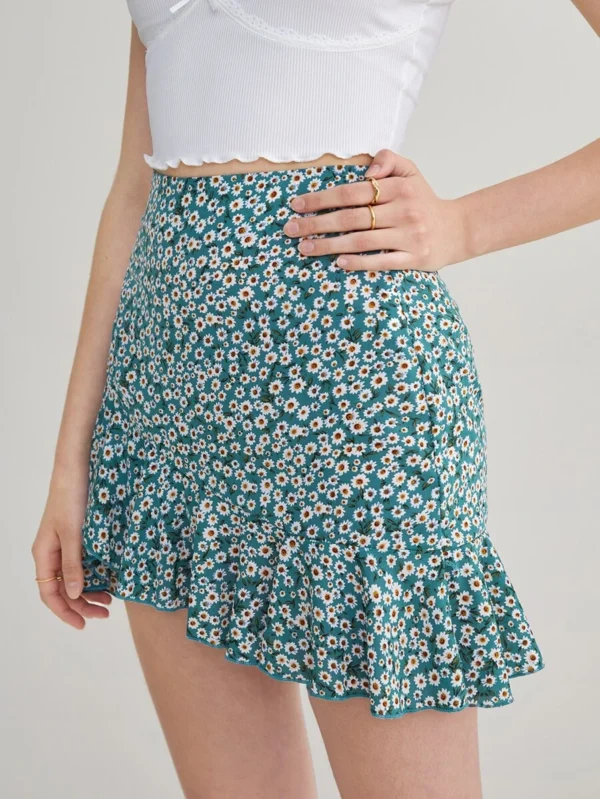 Falda floral asim?trico bajo con fruncido - Imagen 3