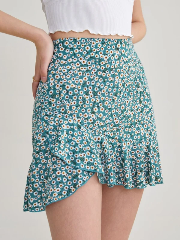 Falda floral asim?trico bajo con fruncido - Imagen 4