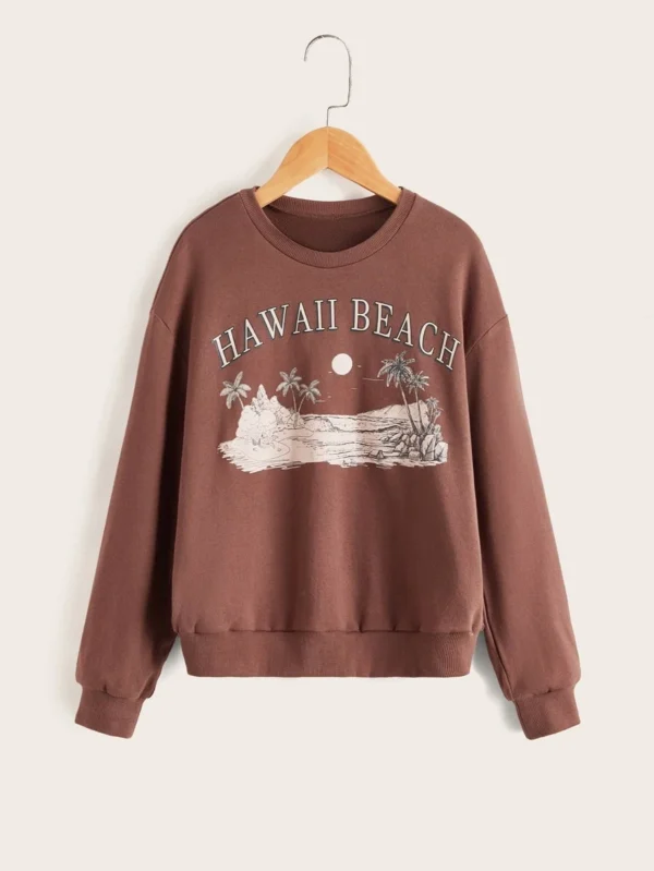 Sudadera con estampado de ?rbol de coco y letra de hombros ca?dos