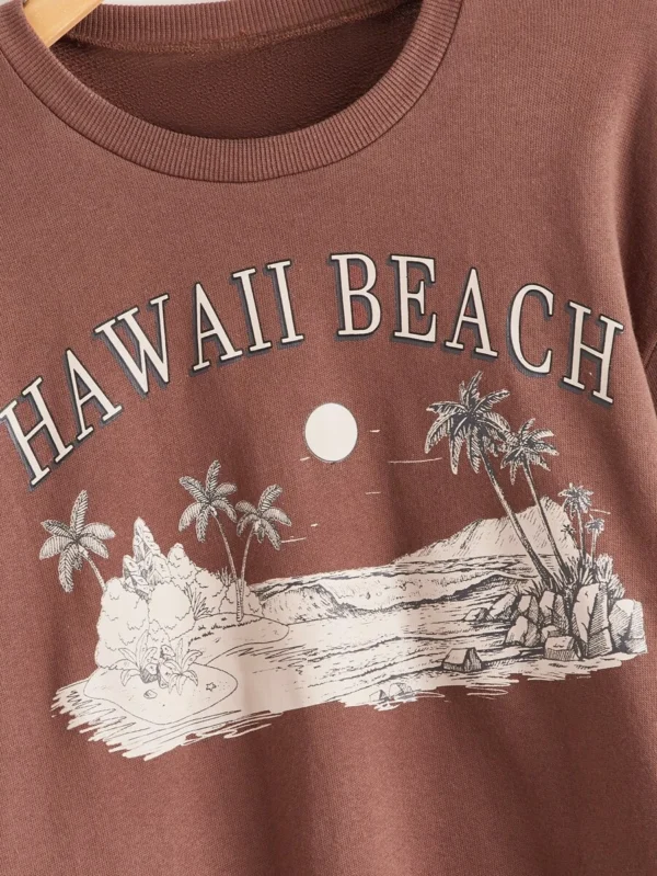 Sudadera con estampado de ?rbol de coco y letra de hombros ca?dos - Imagen 3