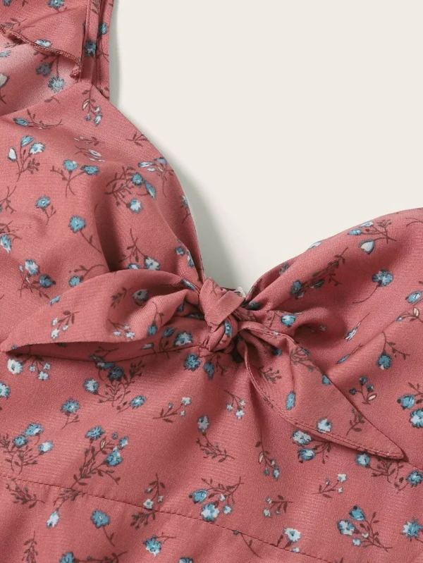 Vestido ribete fruncido de cuello con nudo floral de margarita - Imagen 4