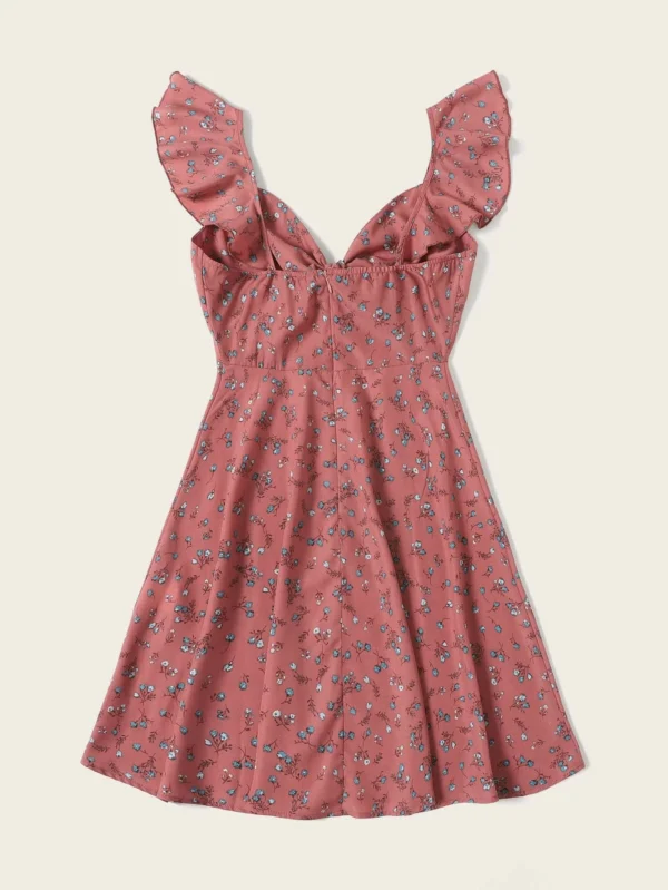 Vestido ribete fruncido de cuello con nudo floral de margarita - Imagen 5