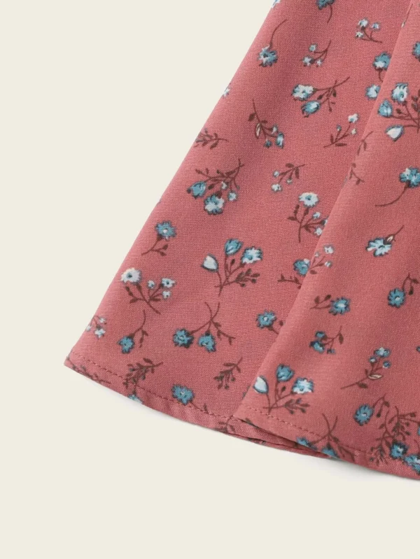 Vestido ribete fruncido de cuello con nudo floral de margarita - Imagen 3