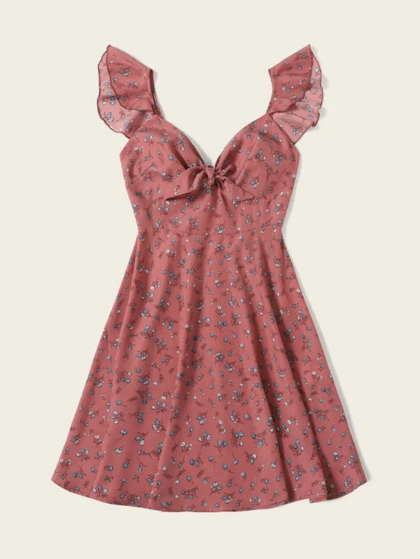 Vestido ribete fruncido de cuello con nudo floral de margarita - Imagen 2