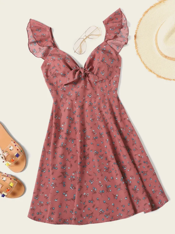 Vestido ribete fruncido de cuello con nudo floral de margarita