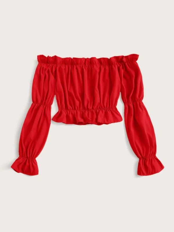 Blusa unicolor de hombros descubiertos ribete fruncido - Imagen 4