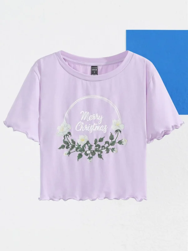 Camiseta con estampado floral con letra ribete en forma de lechuga