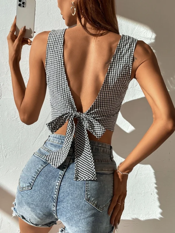 Blusa con estampado de guing?n de espalda abierta con cord?n