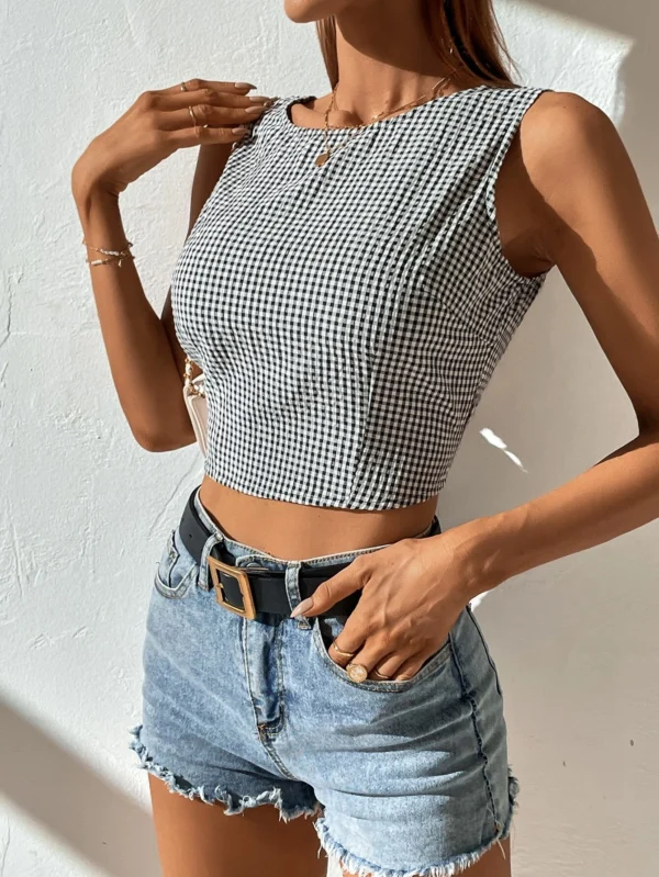 Blusa con estampado de guing?n de espalda abierta con cord?n - Imagen 5