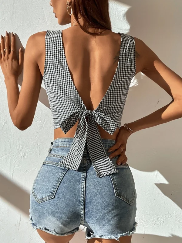Blusa con estampado de guing?n de espalda abierta con cord?n - Imagen 4