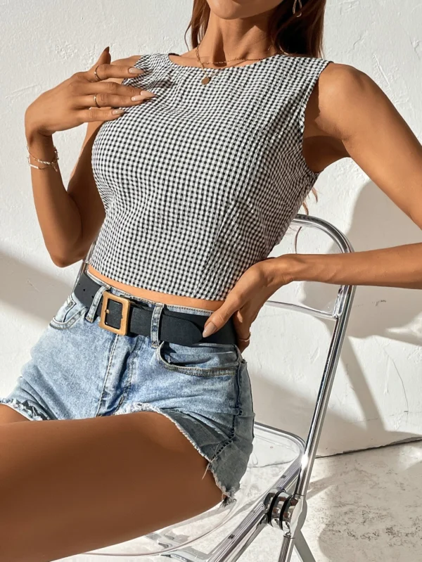 Blusa con estampado de guing?n de espalda abierta con cord?n - Imagen 2