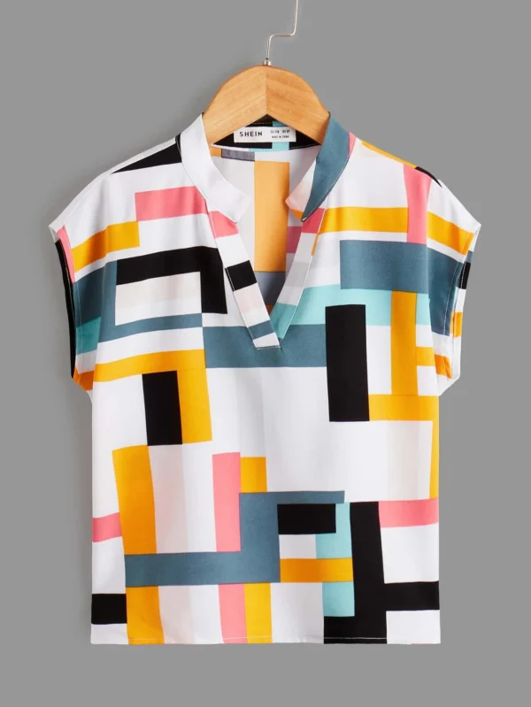 Ni?as Blusa con estampado geom?trico de cuello de muesca de manga murci?lago