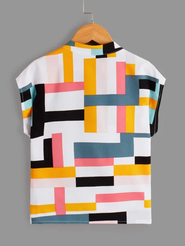 Ni?as Blusa con estampado geom?trico de cuello de muesca de manga murci?lago - Imagen 4