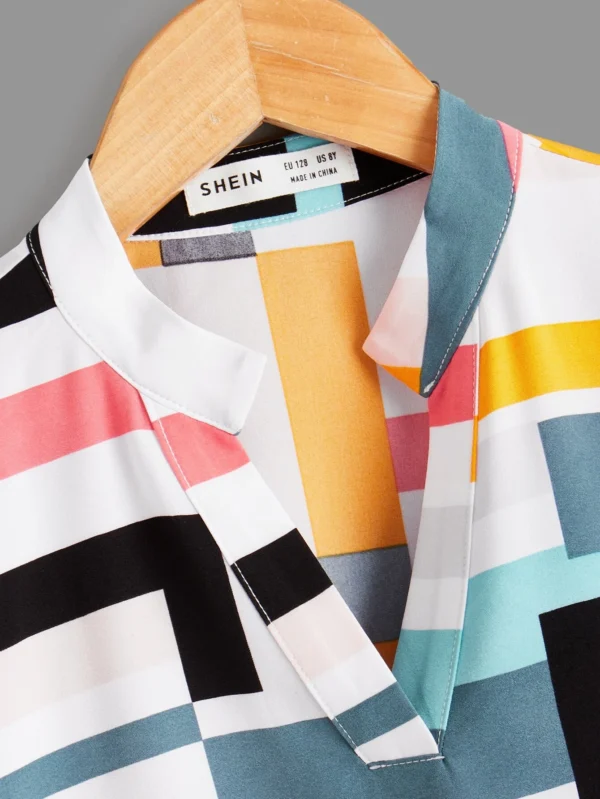 Ni?as Blusa con estampado geom?trico de cuello de muesca de manga murci?lago - Imagen 3