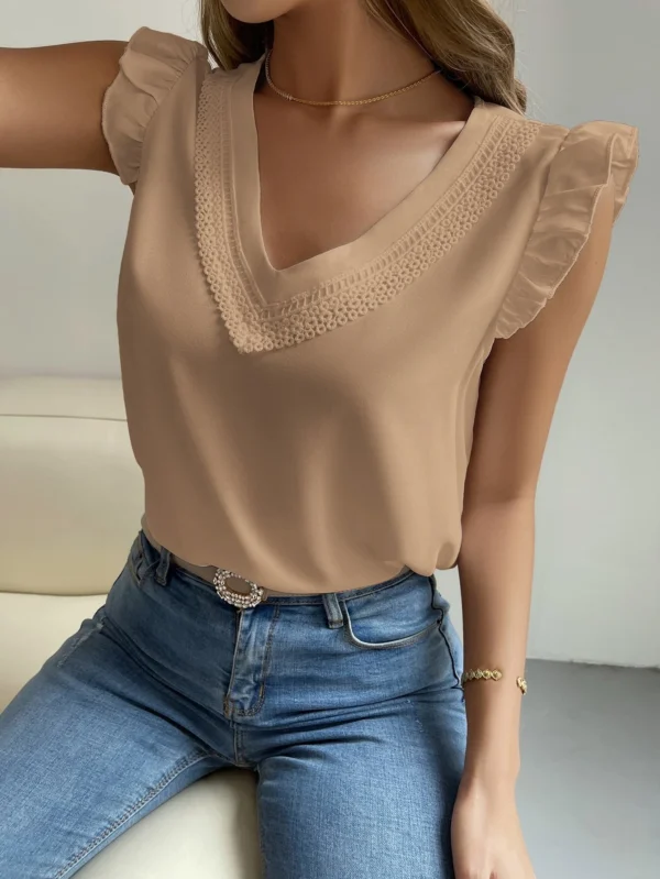 Blusa panel con encaje de manga con volante - Imagen 3