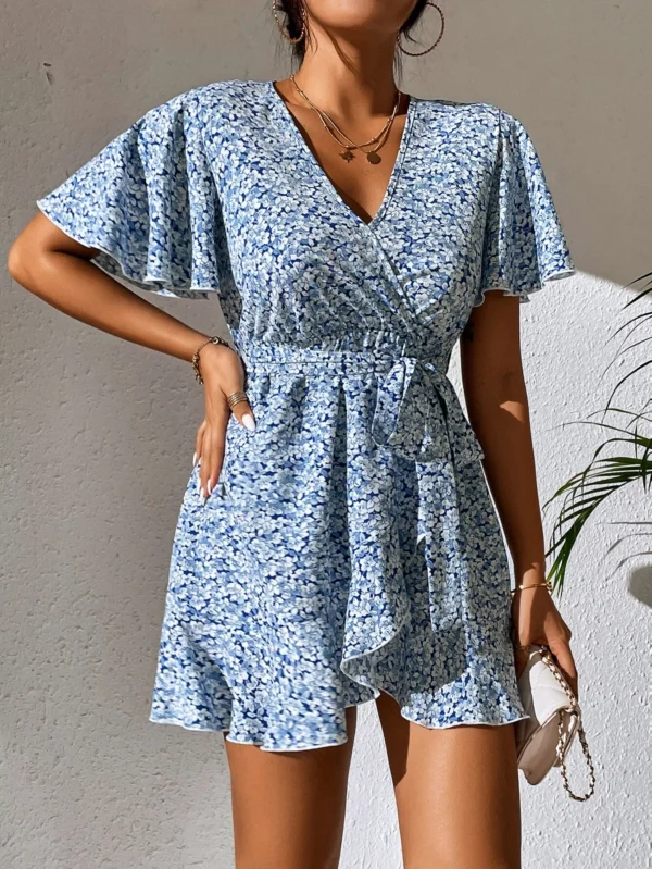 Vestido con cintur?n con estampado floral de manga mariposa ribete con fruncido cruzado