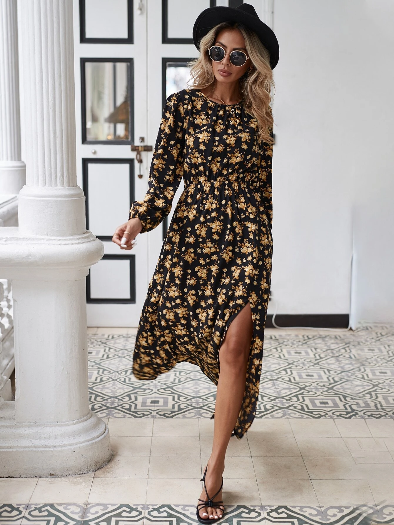 Vestido con estampado floral de manga farol de muslo con abertura - Imagen 3