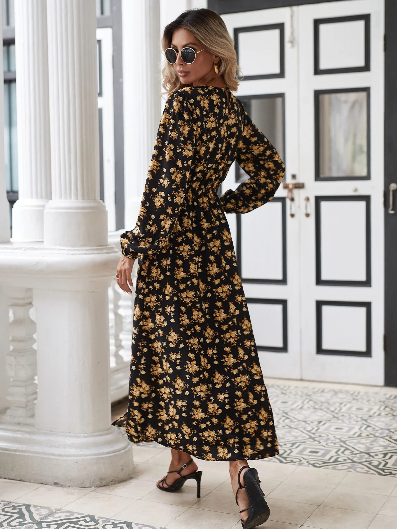 Vestido con estampado floral de manga farol de muslo con abertura - Imagen 6