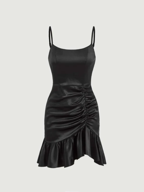 Vestido de tirantes fruncido bajo con fruncido de sat?n