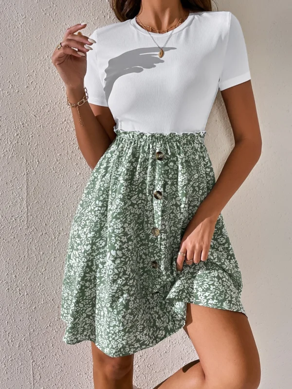 Vestido floral fruncido cintura con bot?n delantero - Imagen 4