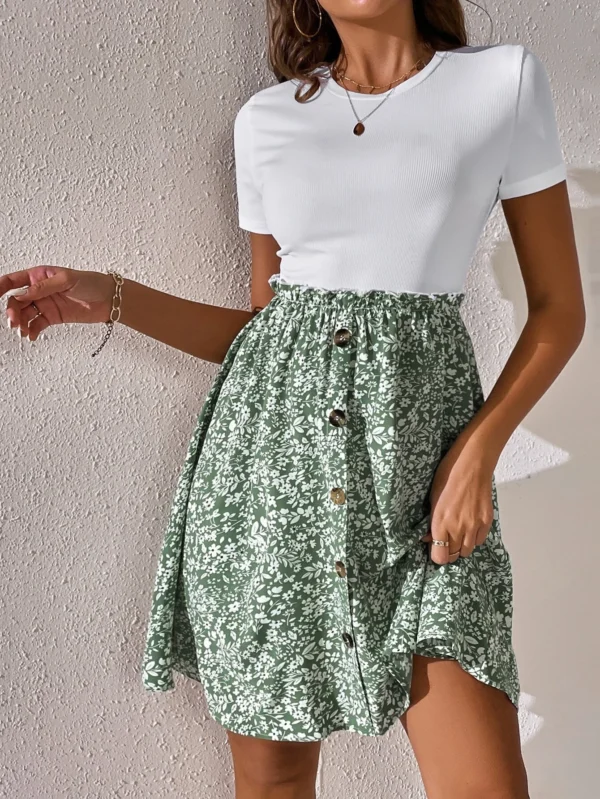Vestido floral fruncido cintura con bot?n delantero - Imagen 2