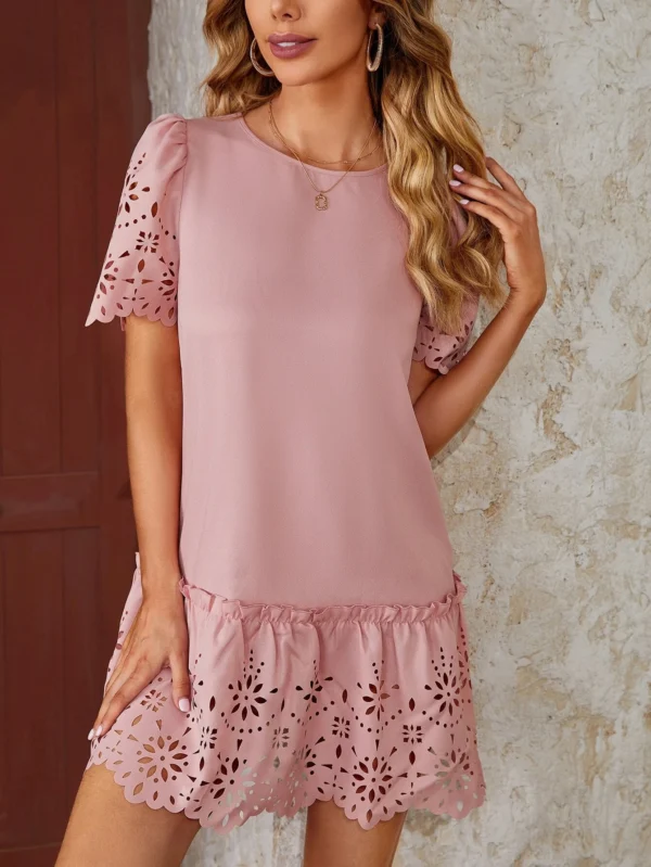 Vestido smock cortado l?ser ribete en abanico de manga farol bajo con fruncido