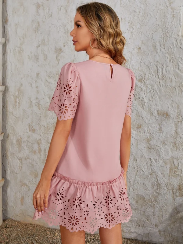 Vestido smock cortado l?ser ribete en abanico de manga farol bajo con fruncido - Imagen 5