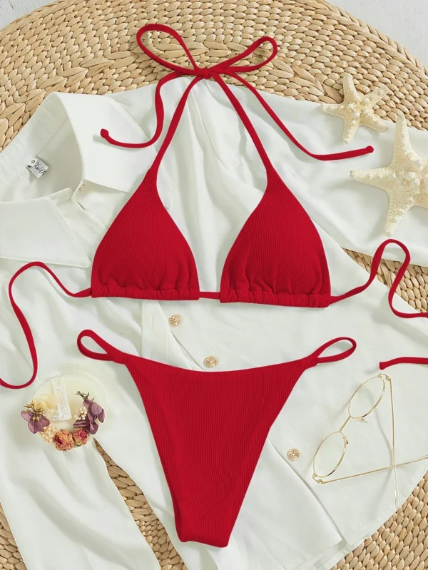 Ba?ador bikini tri?ngulo halter de canal? con cord?n trasero