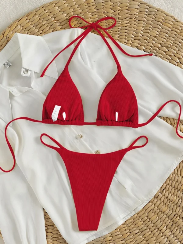 Ba?ador bikini tri?ngulo halter de canal? con cord?n trasero - Imagen 6