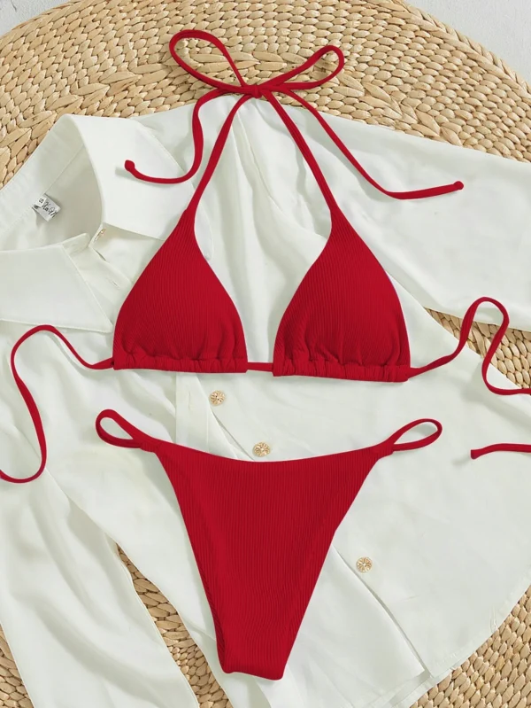 Ba?ador bikini tri?ngulo halter de canal? con cord?n trasero - Imagen 5