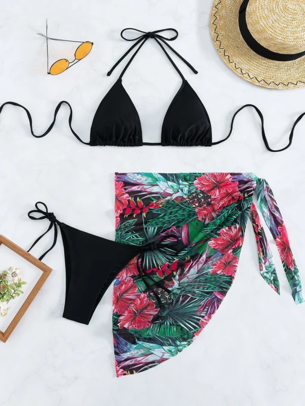 3 piezas Ba?ador bikini tri?ngulo con estampado tropical & falda de playa - Imagen 7