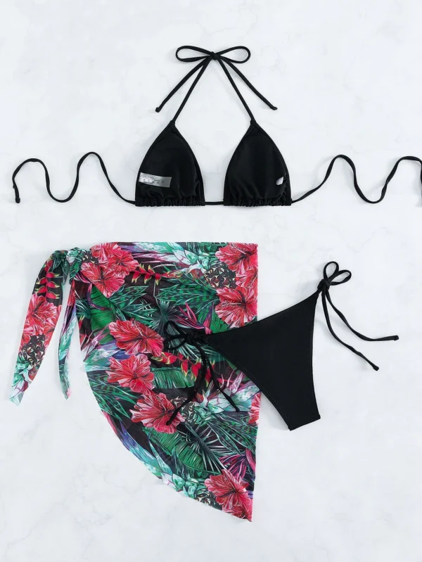 3 piezas Ba?ador bikini tri?ngulo con estampado tropical & falda de playa - Imagen 6