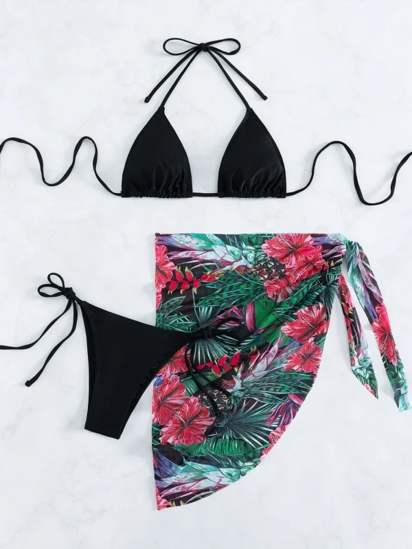 3 piezas Ba?ador bikini tri?ngulo con estampado tropical & falda de playa - Imagen 3