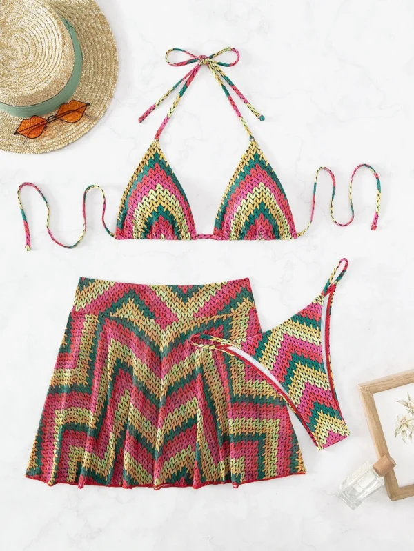 Ba?ador bikini tri?ngulo halter con estampado de cheur?n con falda de playa - Imagen 5