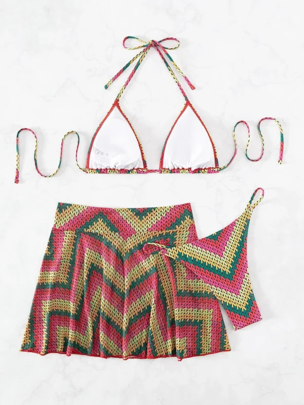 Ba?ador bikini tri?ngulo halter con estampado de cheur?n con falda de playa - Imagen 6