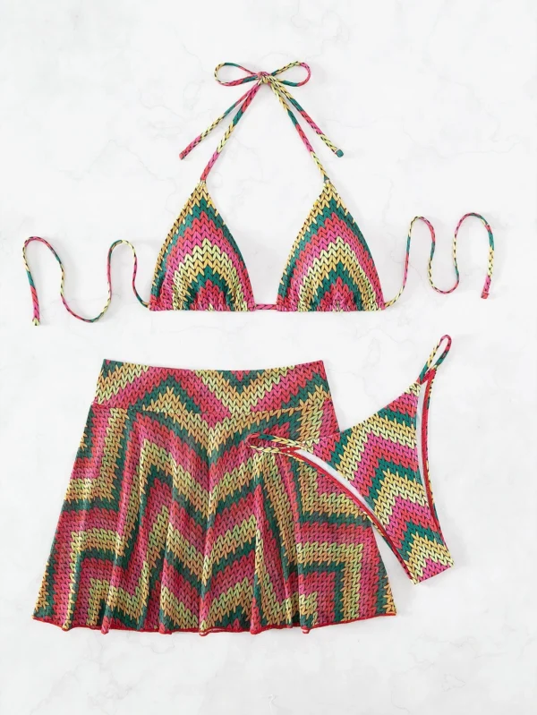 Ba?ador bikini tri?ngulo halter con estampado de cheur?n con falda de playa - Imagen 2