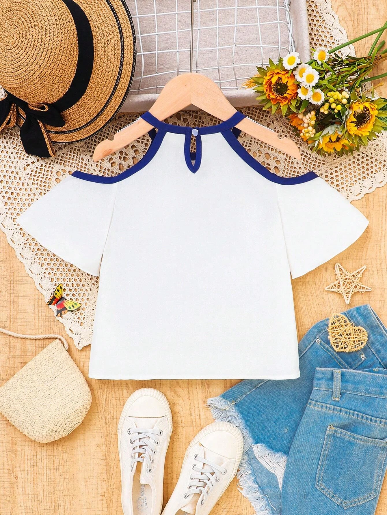 Chicas Blusa con estampado geom?trico de hombros descubiertos unido en contraste de manga con volante - Imagen 5