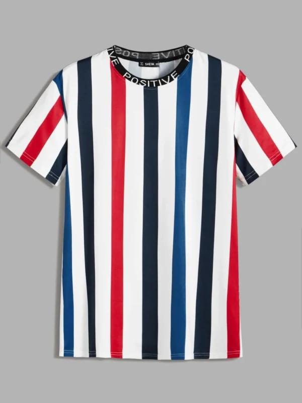 Camiseta de hombres de rayas de cuello con cinta con letra