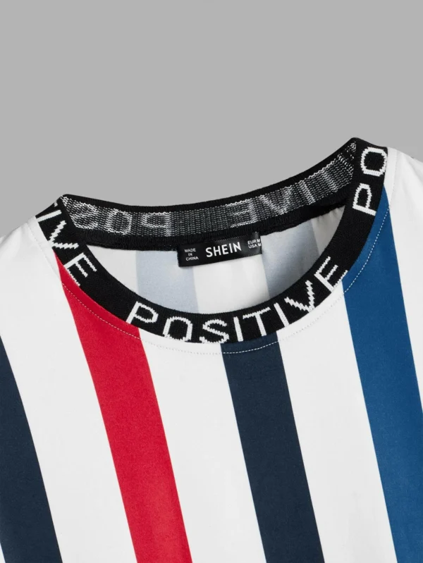 Camiseta de hombres de rayas de cuello con cinta con letra - Imagen 3