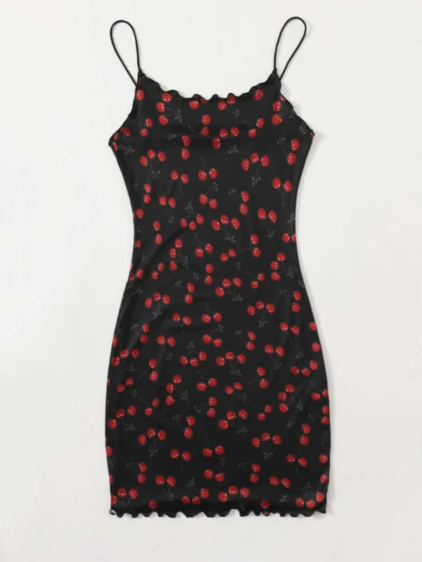 Vestido ribete en forma de lechuga con estampado de cereza - Imagen 4