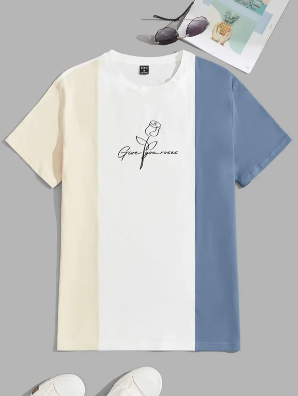 Camiseta de color combinado con estampado floral con slogan