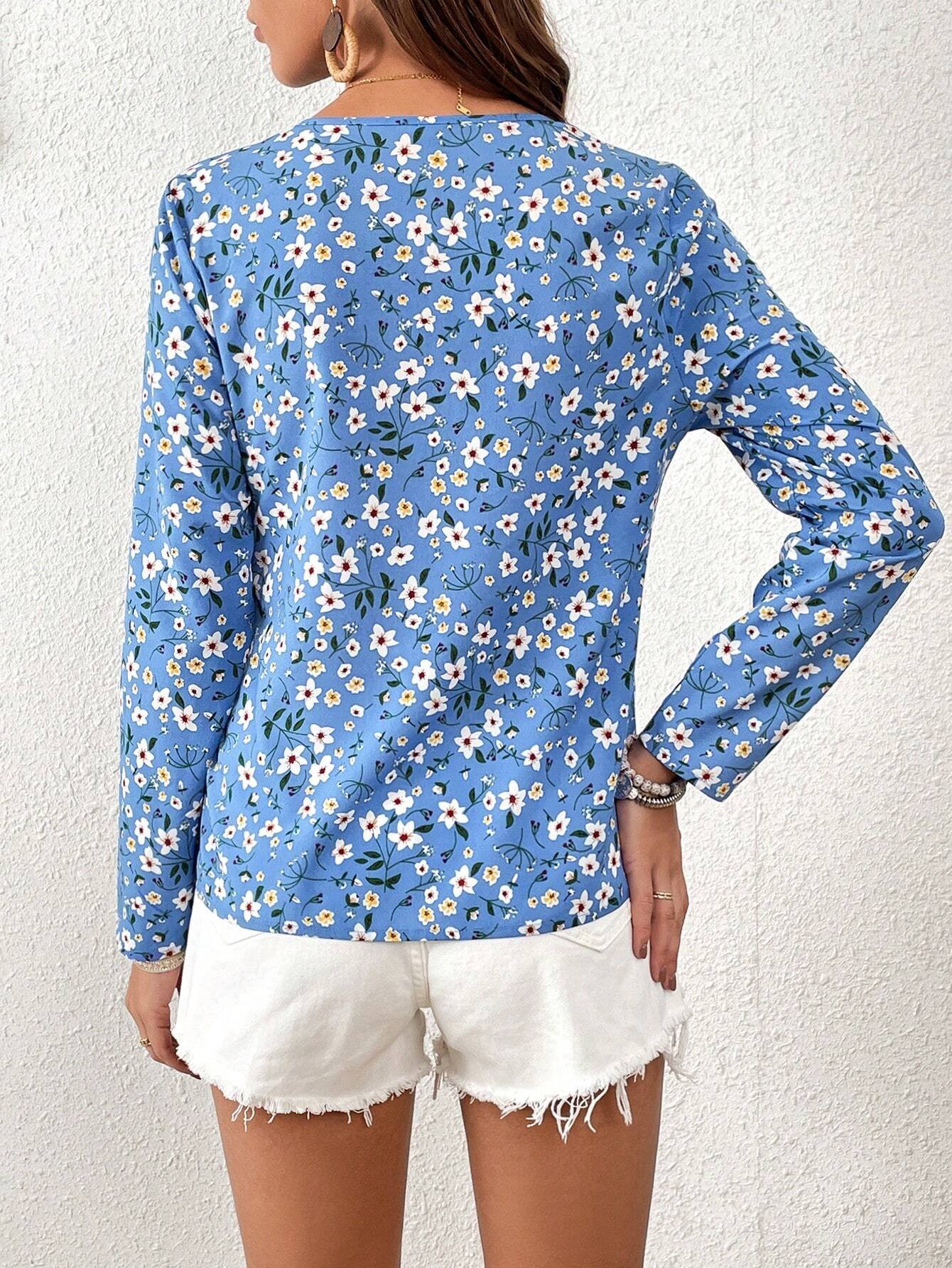 Blusa con estampado floral de cuello notch - Imagen 7