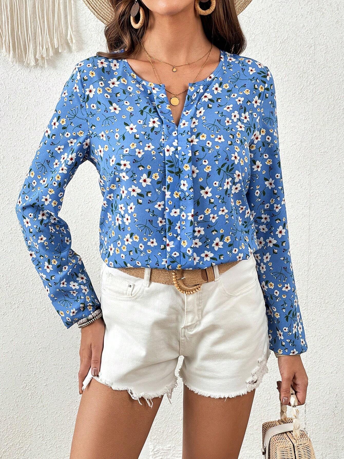 Blusa con estampado floral de cuello notch - Imagen 4
