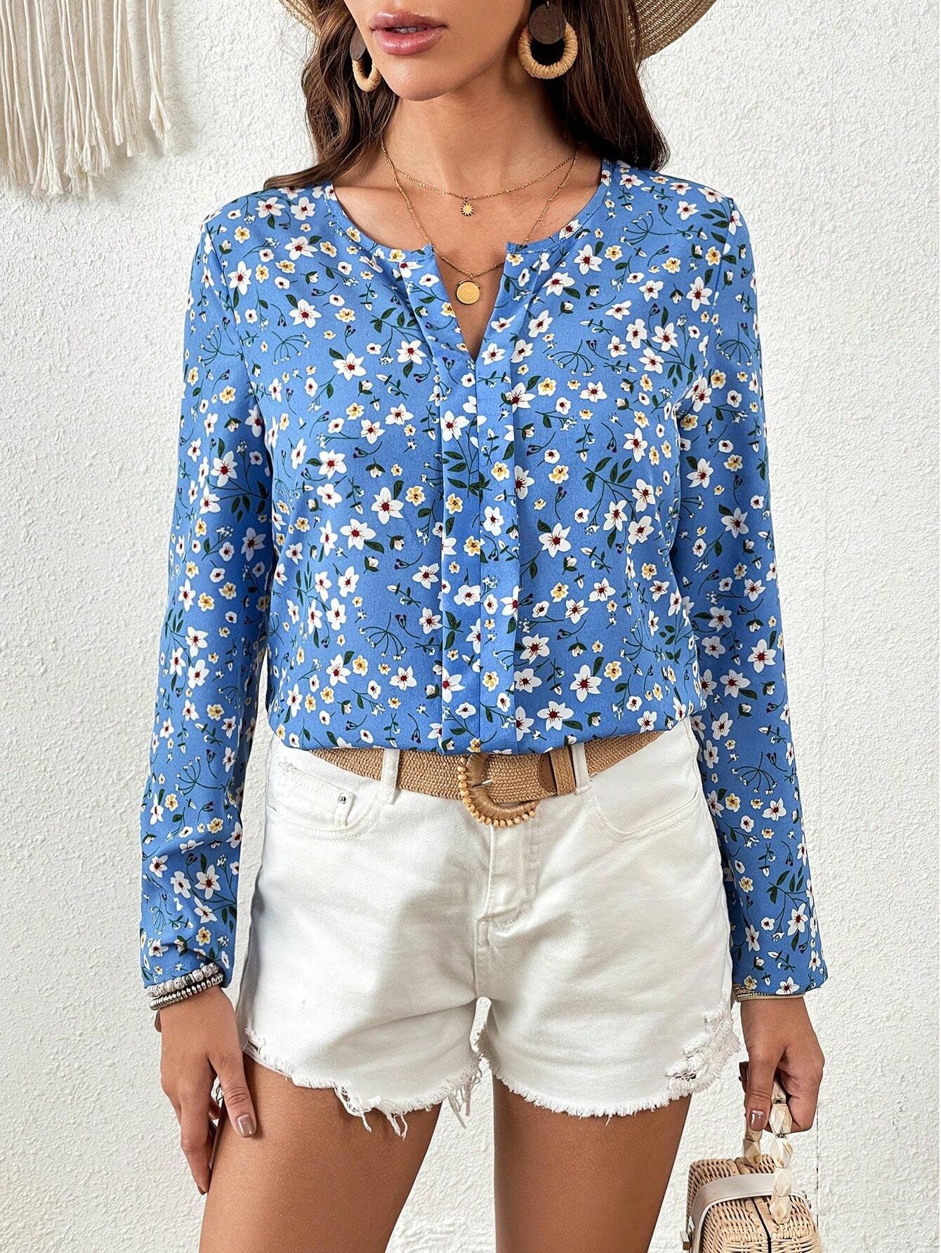 Blusa con estampado floral de cuello notch - Imagen 3