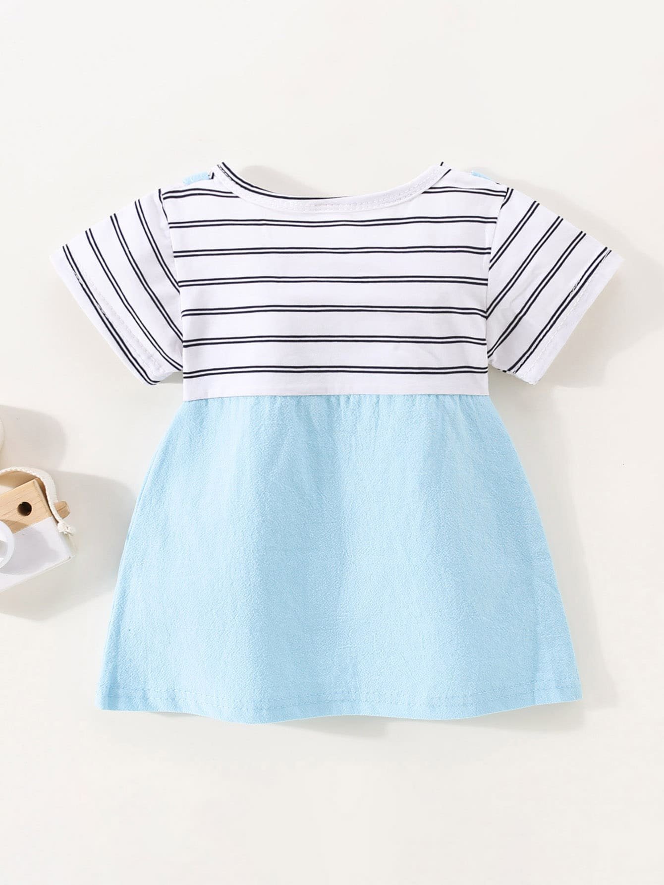 Vestido de manga corta estilo oso de patchwork a rayas de algod?n puro para ni?a peque?a - Imagen 5