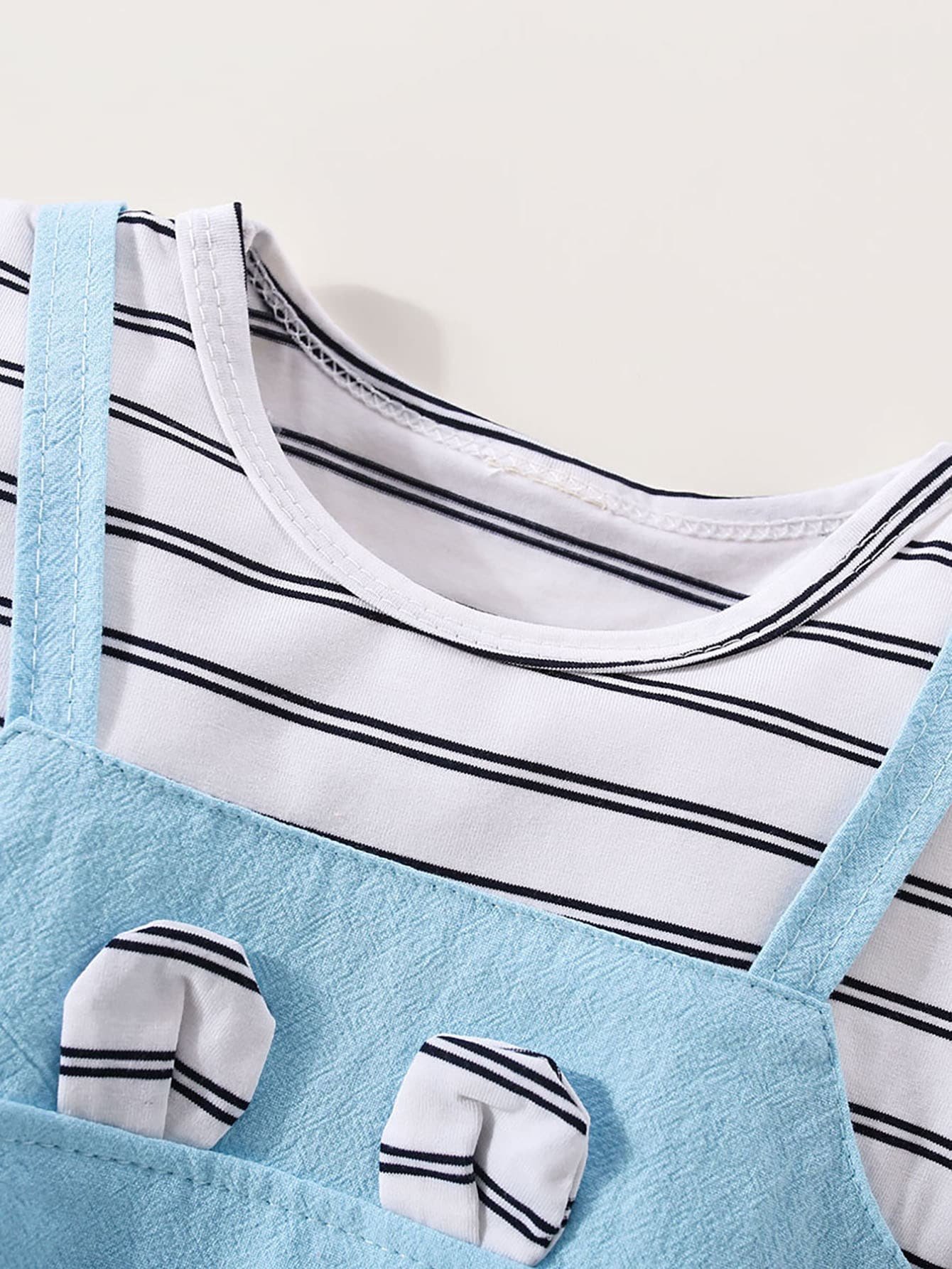 Vestido de manga corta estilo oso de patchwork a rayas de algod?n puro para ni?a peque?a - Imagen 4