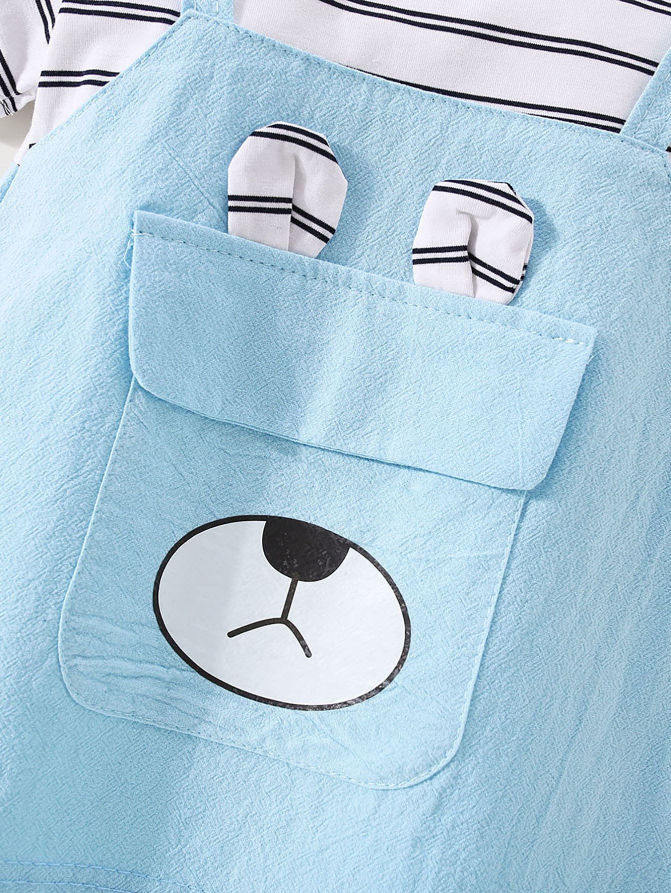 Vestido de manga corta estilo oso de patchwork a rayas de algod?n puro para ni?a peque?a - Imagen 3